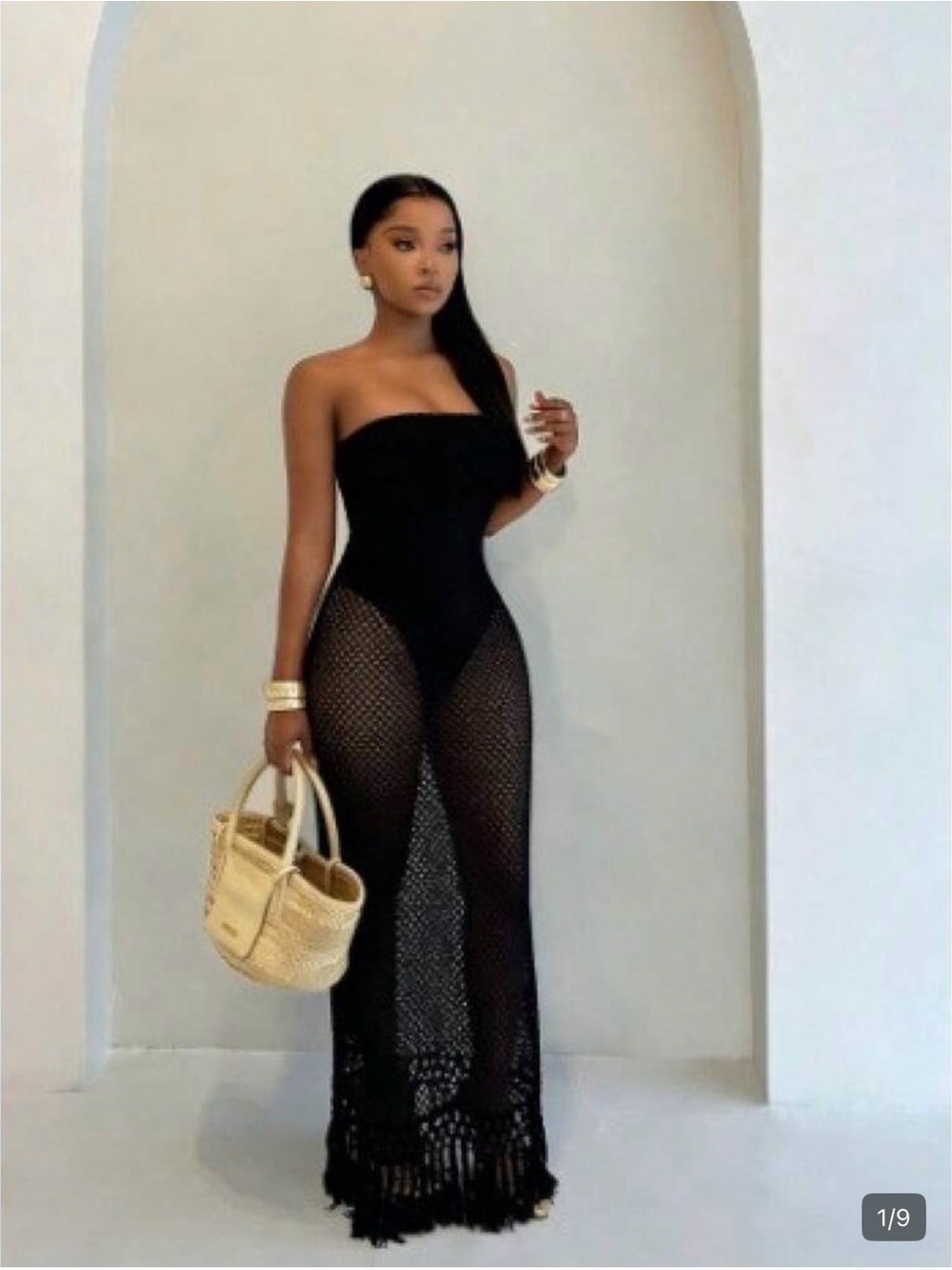 Strapless Black Crochet Maxi Cover-Up